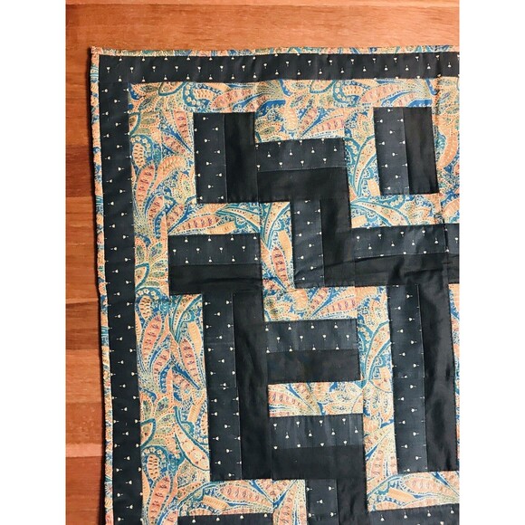 Vintage Handmade And Machine Sewn Wall Hanging Quilt Black Teal Orange 44 X 32 - Picture 11 of 12